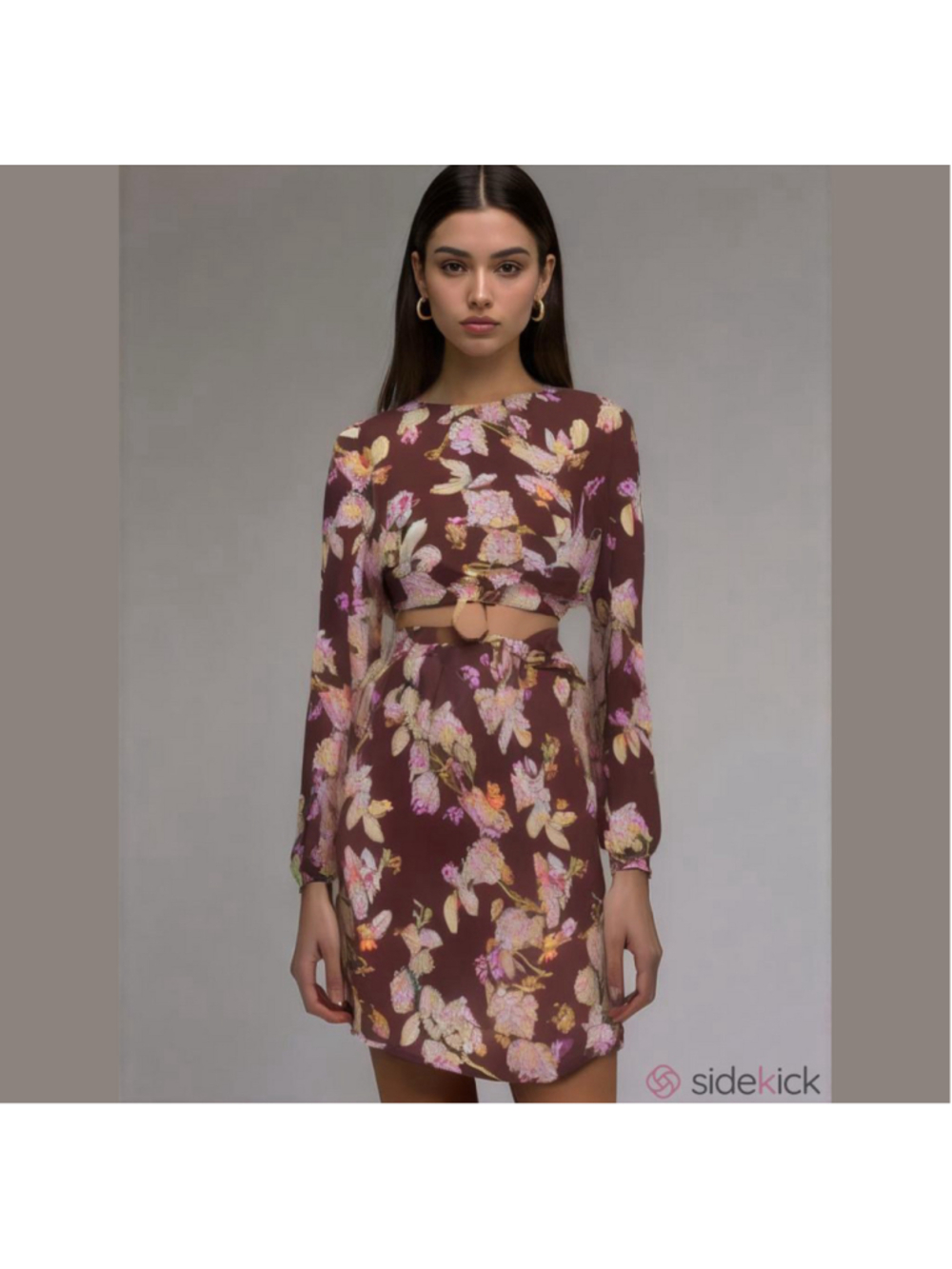 NWT Minkpink Orelie Cutout Mini Dress Large Brown Floral Long Sleeve Boho L